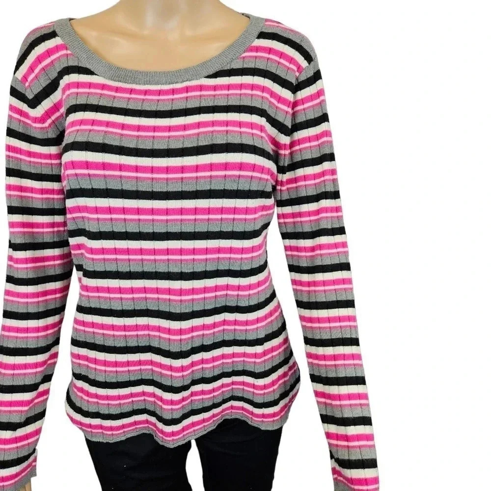 Pink and Black Stripped Ribbed Sweater Long Sleeve Size XL (15/17) No Boundaries - Picture 4 of 9